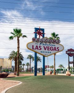 las vegas sign in front of a palm tree
