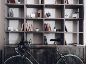 a bicycle near shelves